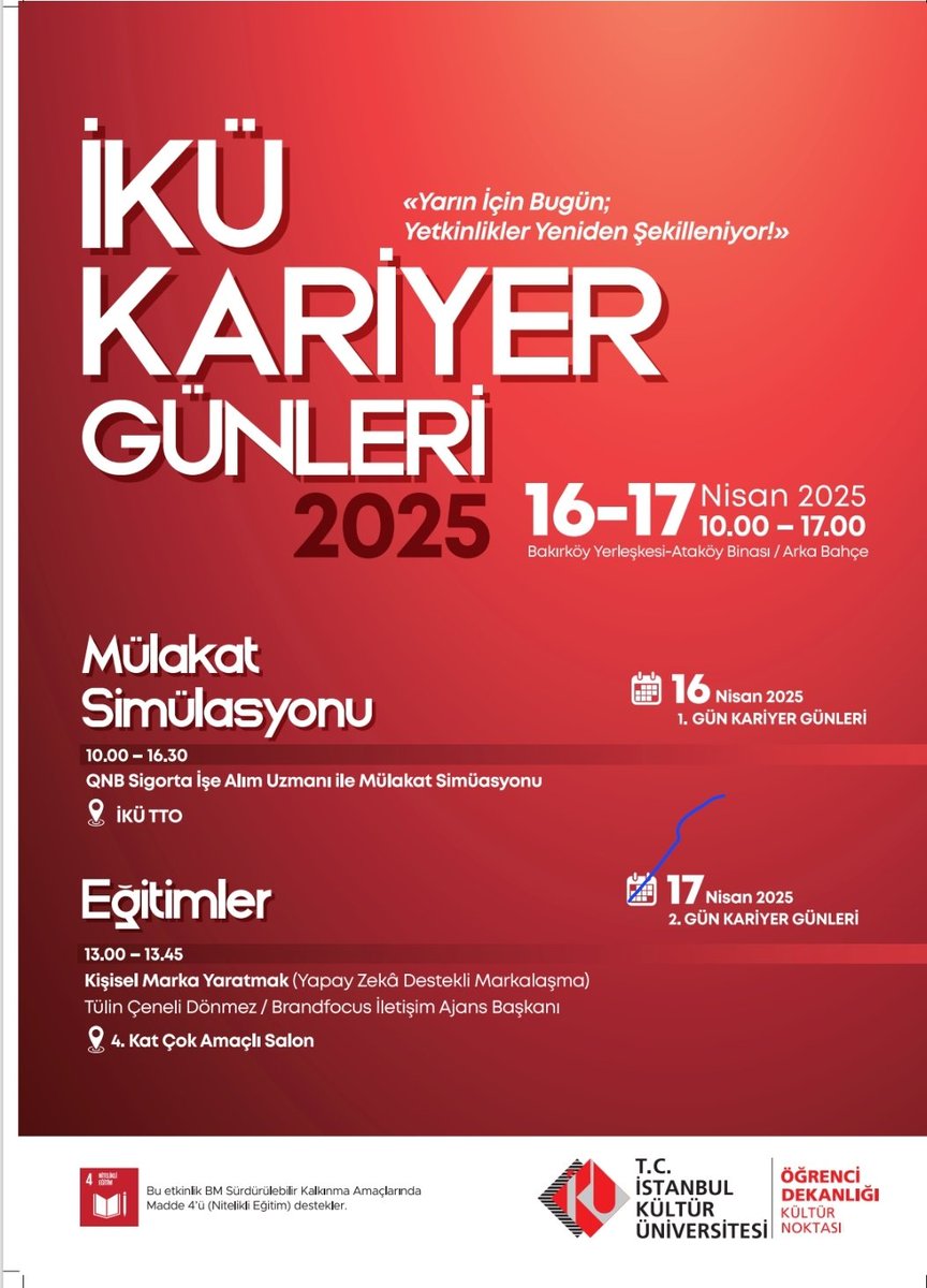 İKÜ Kariyer Günleri 16–17 Nisan’da başlıyor!
Mülakat Simülasyonu ve Kişisel Marka Eğitimi ile yetkinliklerini geliştir!
Detaylar:
10.00–17.00 | İKÜ Ataköy Yerleşkesi
#İKÜKariyerGünleri2025 #Kariyer #İKÜ