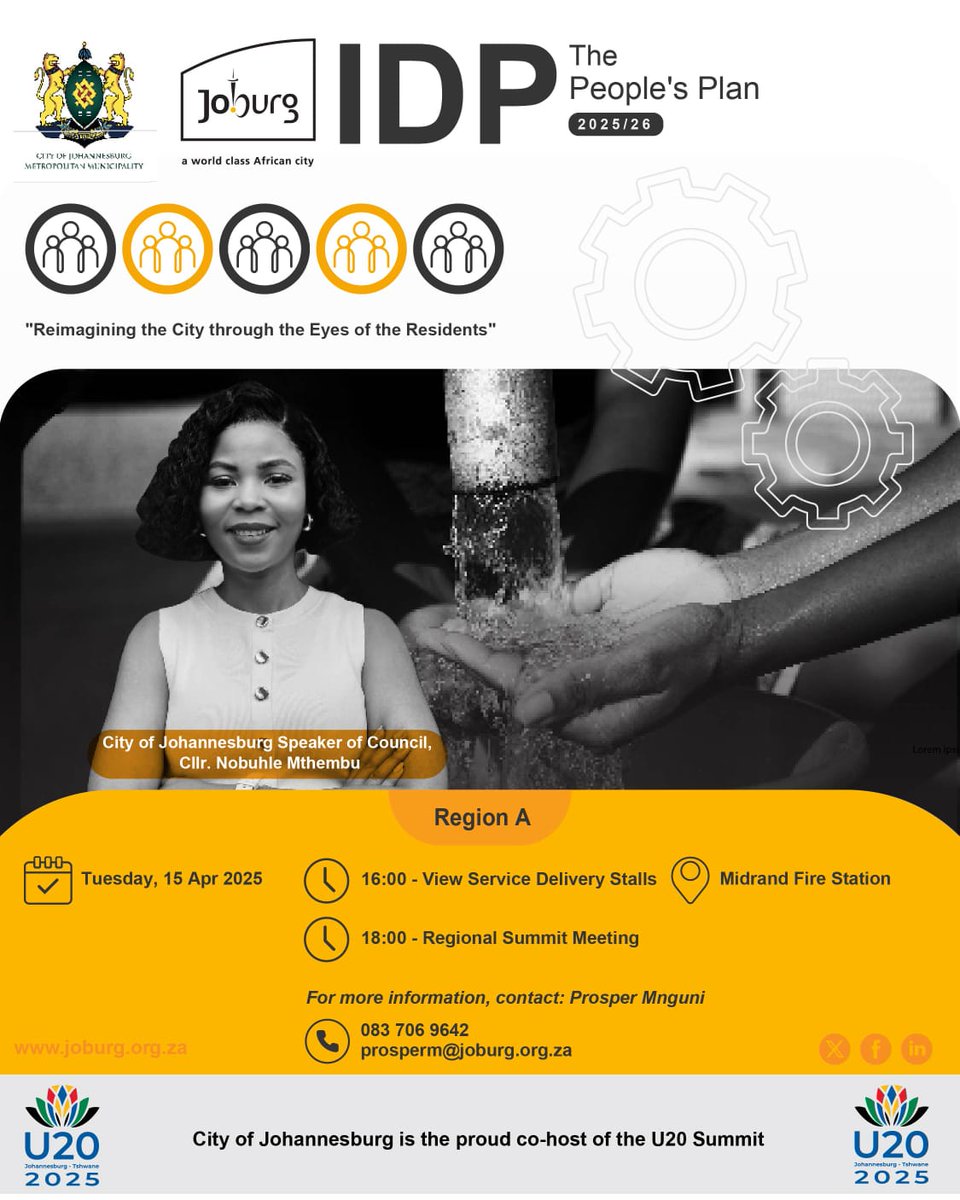 CityofJoburgZA's tweet photo. REGION A: Join us at 6pm on Tuesday, 15 April 2025, for our 2025/26 #JoburgIDP physical meeting in Region A 👇🏾 

Find all the information you need here 👇🏾 

➡️https://t.co/YJHQSsdguh

📍 Midrand Fire Station

#JoburgIDP2025
#JoburgReimagined 
#ThePeoplesPlan
#CoJRegionA ^GZ https://t.co/LE0SWG8pT0
