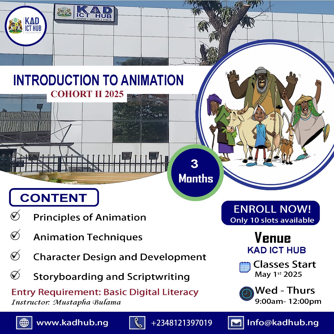 Unlock your creativity with Introduction to Animation Cohort II at KAD ICT HUB!
Learn animation, character design, storyboarding &amp; more 
To register, call +2348121397019 or visit 🌐 kadhub.ng
#LearnAnimation #KadunaCreatives #KADICTHUB
