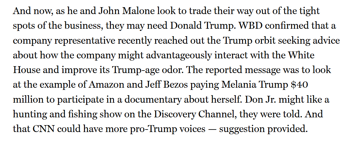 nick_field90's tweet image. Warner Bros. asked Trump's orbit how to improve their relationship. Trump's people pointed to the $40 million Bezos paid for Melania's doc and suggested giving Don Jr a Discovery hunting show and more pro-Trump voices on CNN nymag.com/intelligencer/…