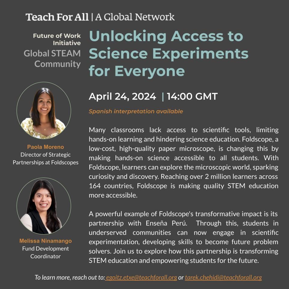 TeamFoldscope's tweet photo. We’re excited to share that Foldscope has been invited to present at @TeachForAll 's April Global STEAM Community Session!

Join us to learn about our ongoing project in Peru, developed in collaboration with @EnsenaPeru , where we’re bringing Foldscopes to rural communities and training educators to transform STEM education through innovative, low-cost technology.

📅 Date: Thursday, April 24, 2025
🕐 Time: 7am US PT / 9am US CT & Peruvian Time / 10am US ET
🌍 Language: English, with Spanish interpretation available
🎙️ @paolamr90 (Foldscope Instruments, Inc.) & Melissa Ninamango Avalos (@EnsenaPeru)
🔗 Register here: https://t.co/FokSHndDmj

Let’s keep revolutionizing science education, one paper microscope at a time! 🔬✨
