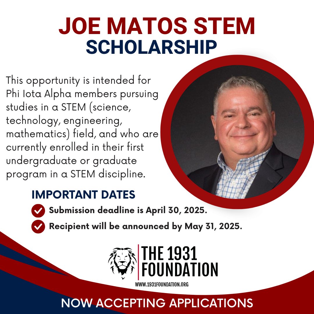 1931Foundation's tweet image. The Joe Matos STEM Scholarship deadline is April 30 

🔹 Open to Phi Iota Alpha undergrads in their first STEM program
🔹 Support for future engineers, coders, scientists &amp;amp; more
🔹 Apply now ➡️ 1931foundation.org/matos_scholars…

#PhiIotaAlpha #LatinosInSTEM #JoeMatosScholarship