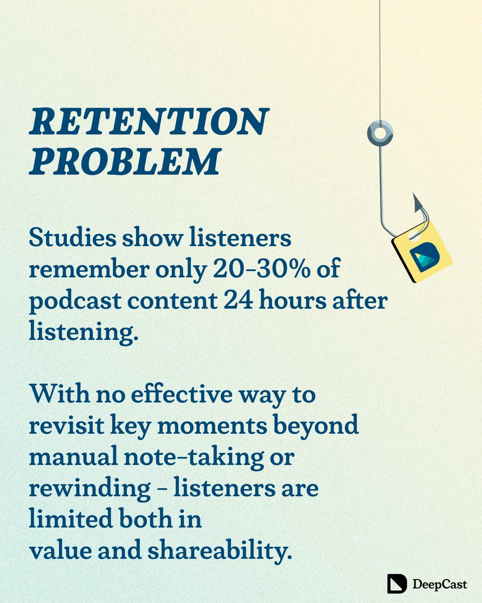 DeepCastCreator's tweet image. 98% of podcast content remains unsearchable with current platforms. DeepCast is changing that by leveraging full-episode transcripts instead of just titles and descriptions. Discover the podcasts you didn&apos;t know you needed. 

#PodcastDiscovery #AI #ContentDiscovery