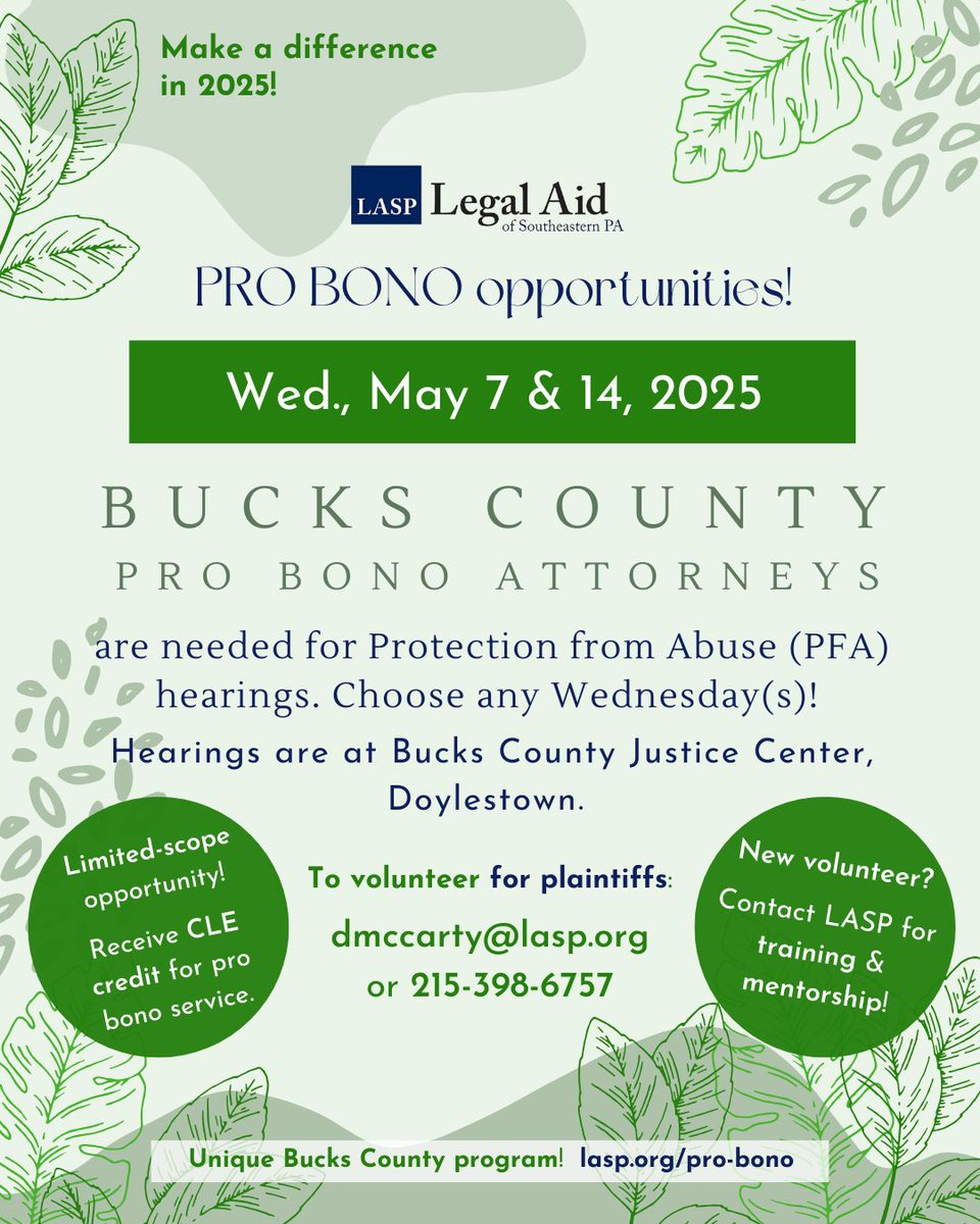 Legal Aid of Southeastern PA (@legalaidsepa) on Twitter photo Bucks #probono attys needed for PFA hearings Wed, May 7 & 14.
💚Volunteer for plaintiffs: dmccarty@lasp.org
🧡Defense: cprosser@bucksbar.org
💙Writs <a href="/buckscountybar/">Bucks County Bar Association & Foundation</a>: Experienced Facilitators Support Volunteer Attorneys at Bucks PFA Court (p16-17): bit.ly/Writs-spring-2… Bucks #probono attys needed for PFA hearings Wed, May 7 & 14.
💚Volunteer for plaintiffs: dmccarty@lasp.org
🧡Defense: cprosser@bucksbar.org
💙Writs <a href="/buckscountybar/">Bucks County Bar Association & Foundation</a>: Experienced Facilitators Support Volunteer Attorneys at Bucks PFA Court (p16-17): bit.ly/Writs-spring-2…
