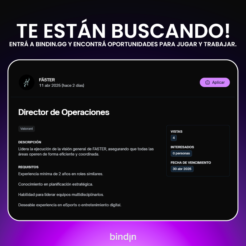 bindin_gg's tweet photo. El equipo de @fa5tercl está buscando staff:

‣ Director de operaciones, marketing y financiero
‣ Gerente de esports, contenidos y proyectos
‣ Ojeador/Scouter

Si te interesa dar tus primeros pasos en el mundo de los esports, esta es tu oportunidad 👇👇