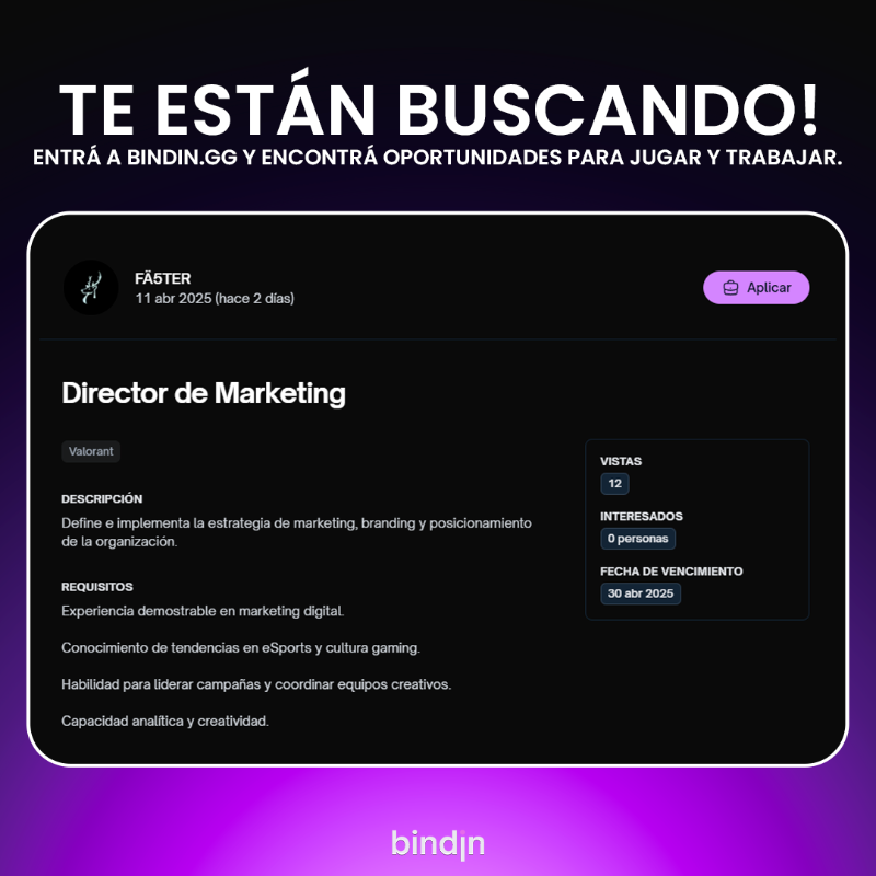 bindin_gg's tweet photo. El equipo de @fa5tercl está buscando staff:

‣ Director de operaciones, marketing y financiero
‣ Gerente de esports, contenidos y proyectos
‣ Ojeador/Scouter

Si te interesa dar tus primeros pasos en el mundo de los esports, esta es tu oportunidad 👇👇