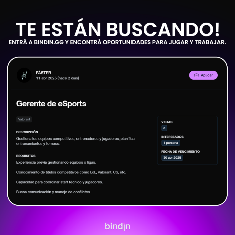 bindin_gg's tweet photo. El equipo de @fa5tercl está buscando staff:

‣ Director de operaciones, marketing y financiero
‣ Gerente de esports, contenidos y proyectos
‣ Ojeador/Scouter

Si te interesa dar tus primeros pasos en el mundo de los esports, esta es tu oportunidad 👇👇