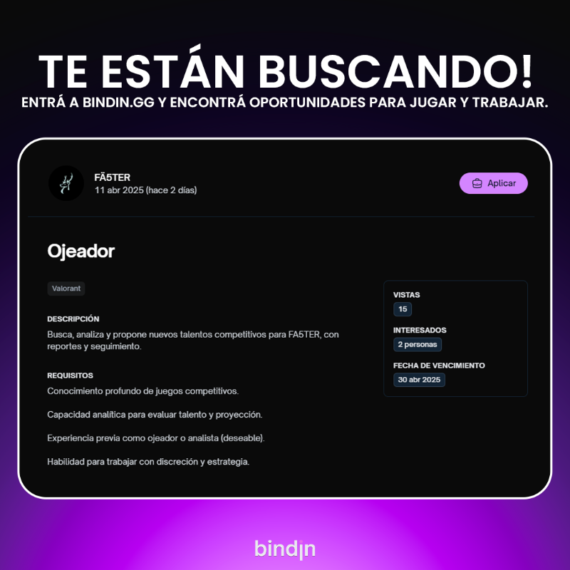 bindin_gg's tweet photo. El equipo de @fa5tercl está buscando staff:

‣ Director de operaciones, marketing y financiero
‣ Gerente de esports, contenidos y proyectos
‣ Ojeador/Scouter

Si te interesa dar tus primeros pasos en el mundo de los esports, esta es tu oportunidad 👇👇