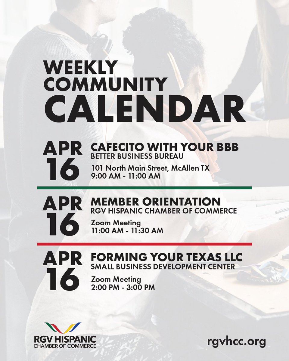 RGVHCC's tweet image. 📣 This week at RGVHCC!

We’ve got great events lined up to connect &amp;amp; support our business community. 💼✨

📍Check the graphic for details—see you there!

#RGVHCC #SupportLocal #RGVEvents #Networking