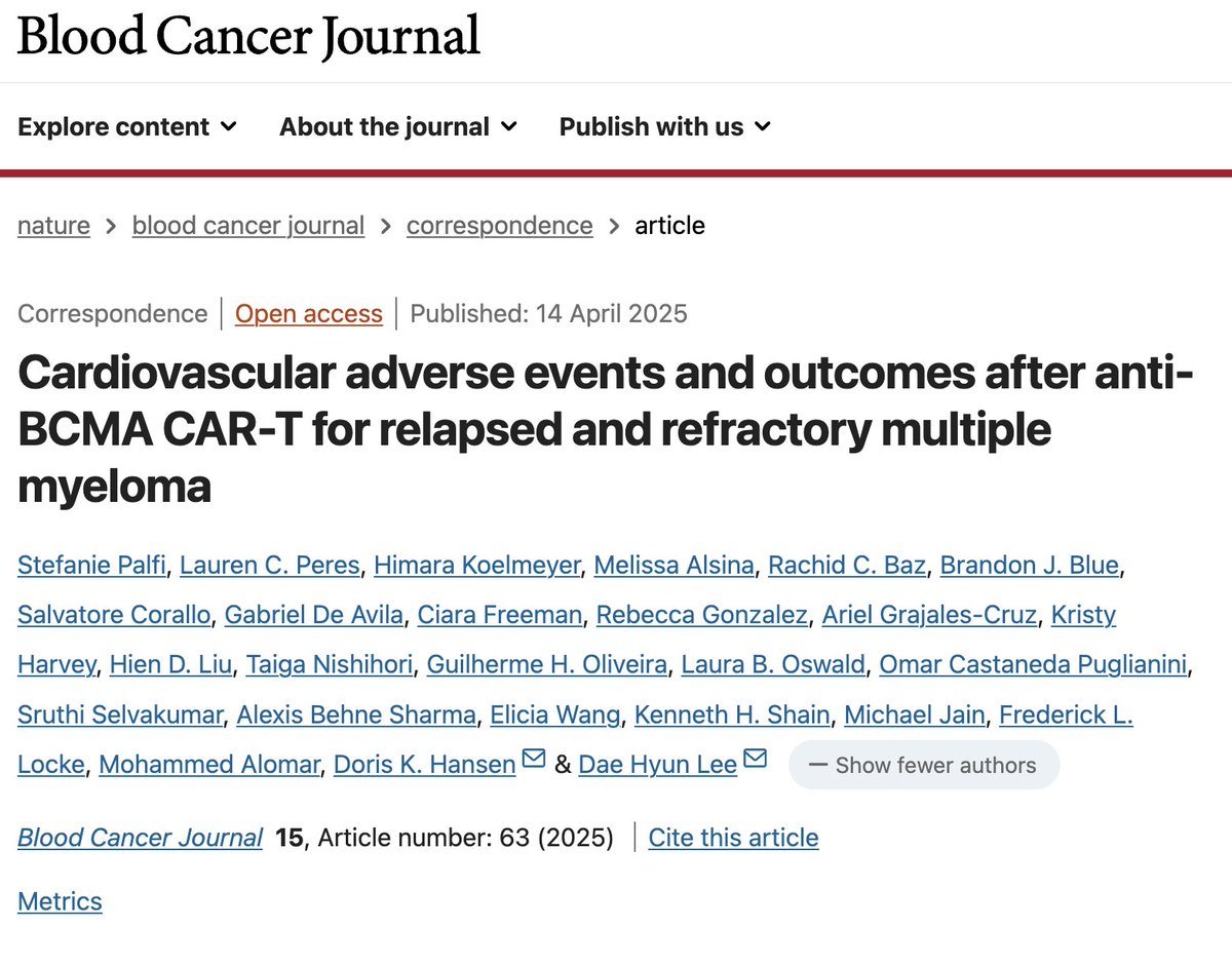 Dae Hyun Lee MD (@daehyunleemd) on Twitter photo Excited to share our manuscript on anti-BCMA CAR-T for multiple myeloma, published in <a href="/BloodCancerJnl/">Blood Cancer Journal</a>! nature.com/articles/s4140… This work, as is all #cardiooncology work, is from close collaboration with our wonderful <a href="/MoffittNews/">Moffitt Cancer Center</a> collaborators. <a href="/USFHealth/">USF Health</a> (1/10) Excited to share our manuscript on anti-BCMA CAR-T for multiple myeloma, published in <a href="/BloodCancerJnl/">Blood Cancer Journal</a>! nature.com/articles/s4140… This work, as is all #cardiooncology work, is from close collaboration with our wonderful <a href="/MoffittNews/">Moffitt Cancer Center</a> collaborators. <a href="/USFHealth/">USF Health</a> (1/10)
