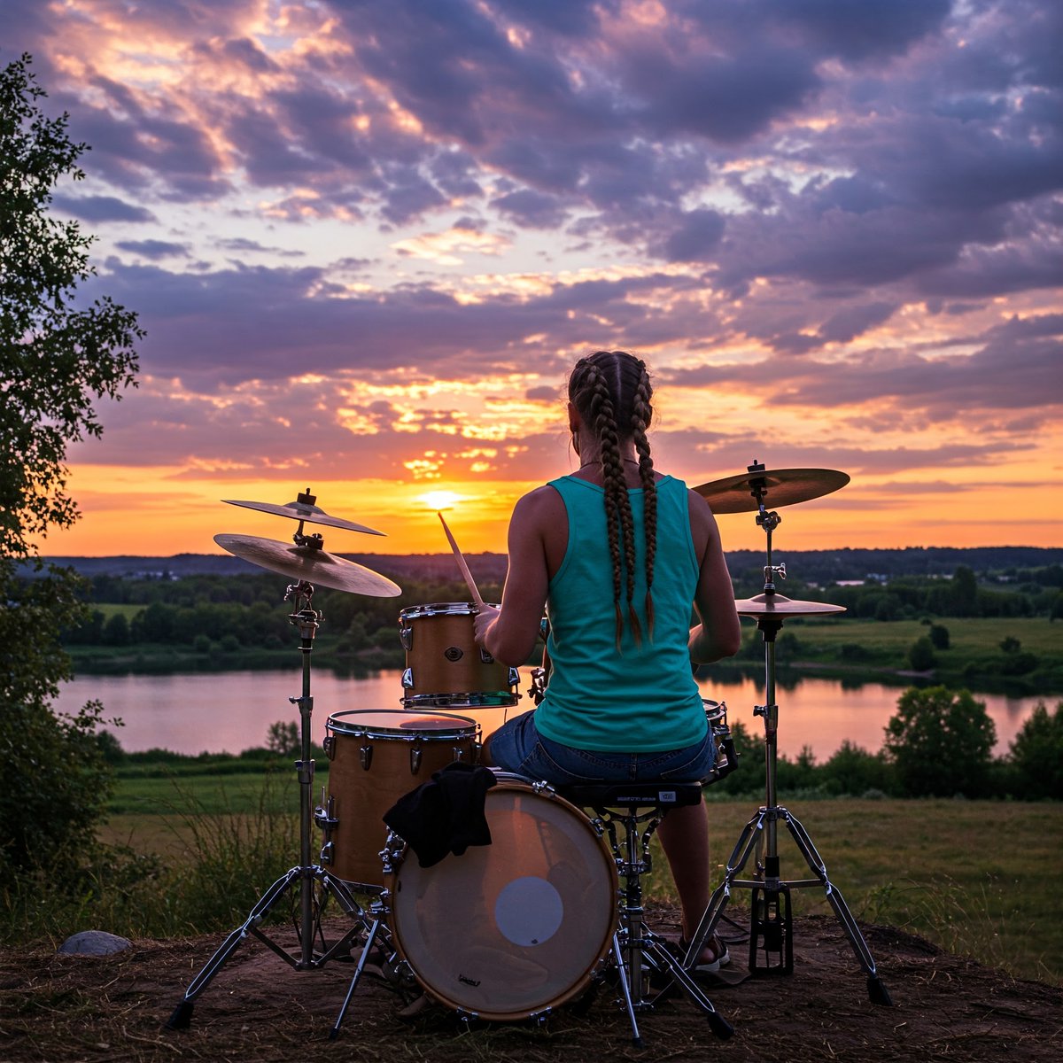 yosh55258's tweet photo. Lovely photo of the sunset and drums created by Gemini 🌇🥁
 However, the drum set arrangement is a bit unique 😂 The snare drum's position and the distance to the hi-hat, for example... 🤔Is this a new form of expression, It was an interesting discovery! ✨
> #Gemini #AIArt https://t.co/9KMhhvVwOc