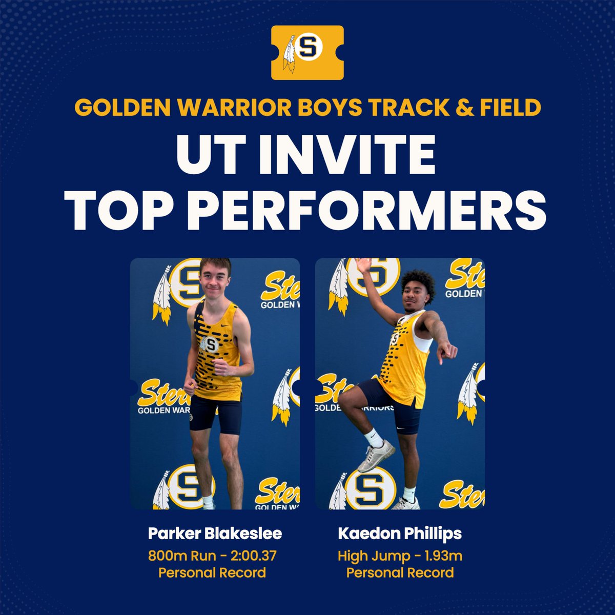 🔥 Top Performers at the UT Invite! 🔥

🏃‍♂️ Parker Blakeslee: 800m – 2:00.37 (PR)
🦘 Kaedon Phillips: High Jump – 1.93m (PR)

💪 Sterling takes 4th overall + WINS in 4x200 &amp; 4x400 relays!

#GOldenWARRIORS