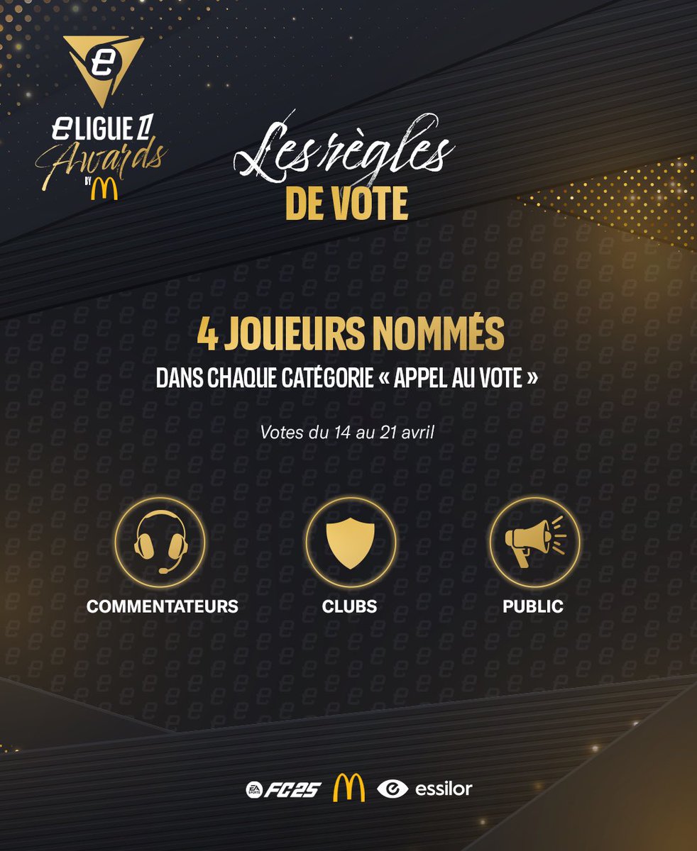 eLigue 1 McDonald’s (@_eligue1) on Twitter photo 🚨 Les votes pour les eLigue 1 Awards by <a href="/McDonaldsFrance/">McDonald's France</a> sont officiellement lancés !
Vous avez jusqu’au 22 avril pour élire vos favoris dans les catégories suivantes :
1️⃣ MVP by <a href="/McDonaldsFrance/">McDonald's France</a>
2️⃣ Plus beau but (Vote sur X)
3️⃣ Meilleur joueur étranger
4️⃣ Meilleur rookie 🚨 Les votes pour les eLigue 1 Awards by <a href="/McDonaldsFrance/">McDonald's France</a> sont officiellement lancés !
Vous avez jusqu’au 22 avril pour élire vos favoris dans les catégories suivantes :
1️⃣ MVP by <a href="/McDonaldsFrance/">McDonald's France</a>
2️⃣ Plus beau but (Vote sur X)
3️⃣ Meilleur joueur étranger
4️⃣ Meilleur rookie