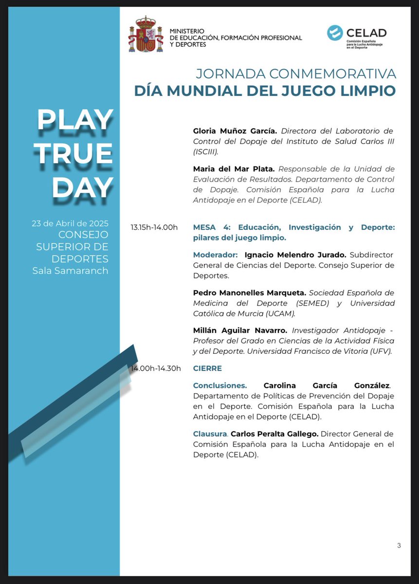 El próximo 23 de abril <a href="/CELAD_esp/">CELAD</a> celebrará la Jornada Conmemorativa del Día Mundial del Juego Limpio en la Sala Samaranch del <a href="/deportegob/">CSD</a> 

📲Inscripciones: lnkd.in/dQnJnTnW 

#CleanSport #AntiDoping