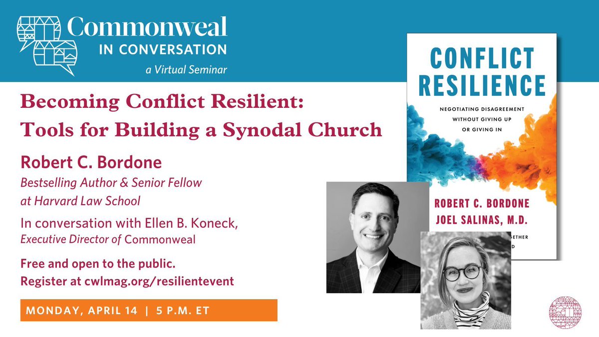 TODAY: <a href="/bobbordone/">Bob Bordone</a> in conversation with <a href="/ellen_koneck/">Ellen B. Koneck</a> on conflict resilience and synodality. 
cwlmag.org/resilientevent