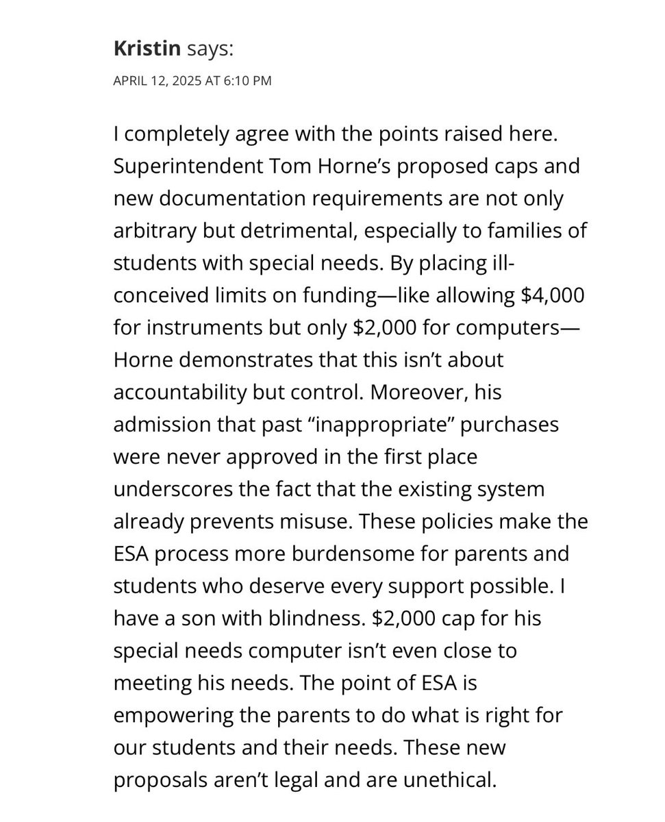 LIESofSOSaz's tweet photo. These ESA caps aren't
accountability they're control.

SPED students blocked from vocational paths

$2K limit on tech for a blind child

Families forced into impossible choices

This isn't support. It's failure.
@RealTomHorne is hurting our most vulnerable. https://t.co/7vz9jXzJBv