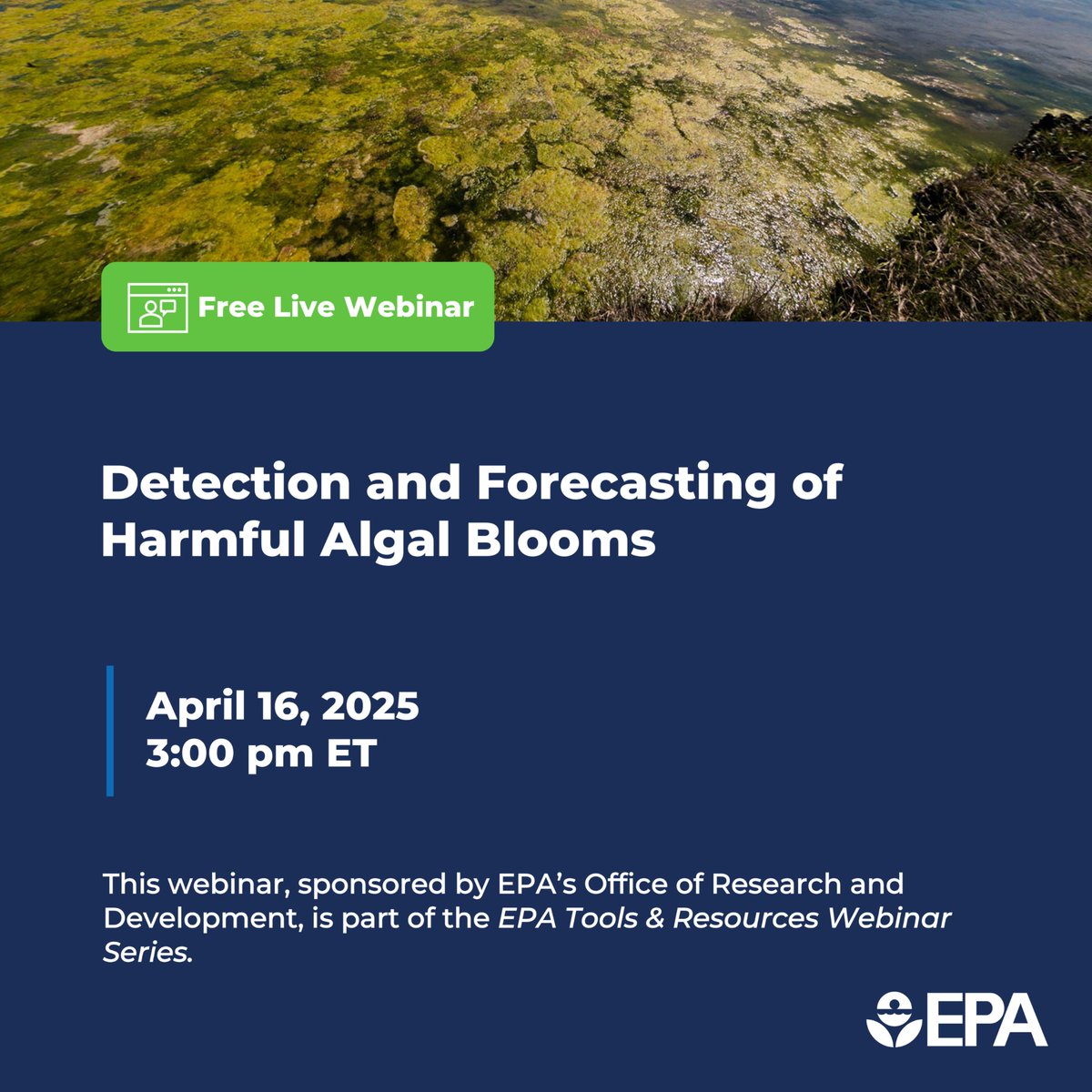 U.S. EPA Water (@epawater) on Twitter photo Join us on Wednesday, April 16, at 3 PM ET for the next EPA Tools & Resources Webinar, "Detection and Forecasting of Harmful Algal Blooms." @NAWC, <a href="/NRWA/">National Rural Water Association</a>, <a href="/NACWA/">NACWA</a>, <a href="/CleanWaterACWA/">Clean Water ACWA</a>,
@AWWA, <a href="/ASDWAorg/">ASDWA</a>
spgv.io/6010Szu Join us on Wednesday, April 16, at 3 PM ET for the next EPA Tools & Resources Webinar, "Detection and Forecasting of Harmful Algal Blooms." @NAWC, <a href="/NRWA/">National Rural Water Association</a>, <a href="/NACWA/">NACWA</a>, <a href="/CleanWaterACWA/">Clean Water ACWA</a>,
@AWWA, <a href="/ASDWAorg/">ASDWA</a>
spgv.io/6010Szu