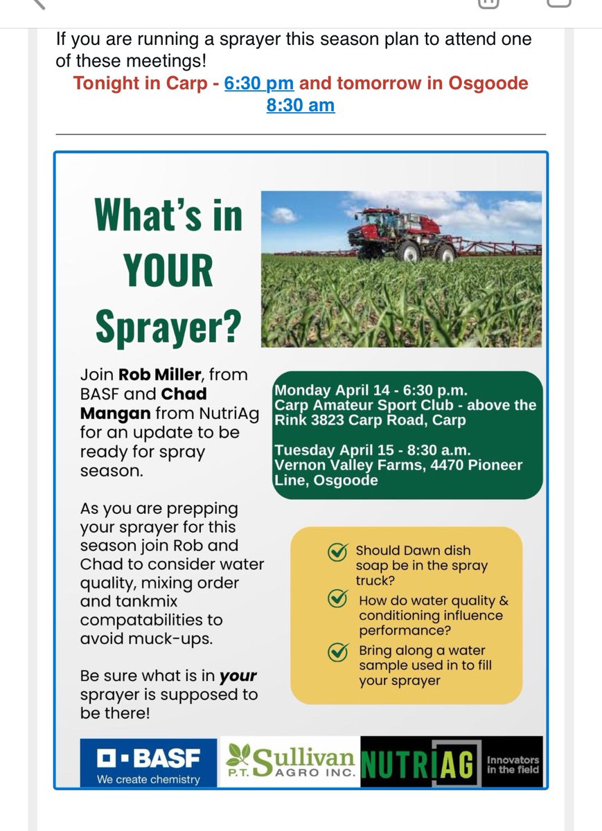 Jean Sullivan (@sullivanagro_js) on Twitter photo What’s in YOUR sprayer?
Join <a href="/SullivanAgro/">Paul Sullivan</a> tonight in Carp, or tomorrow morning in Osgoode. <a href="/OntAg/">Farms.com Ontario</a> What’s in YOUR sprayer?
Join <a href="/SullivanAgro/">Paul Sullivan</a> tonight in Carp, or tomorrow morning in Osgoode. <a href="/OntAg/">Farms.com Ontario</a>