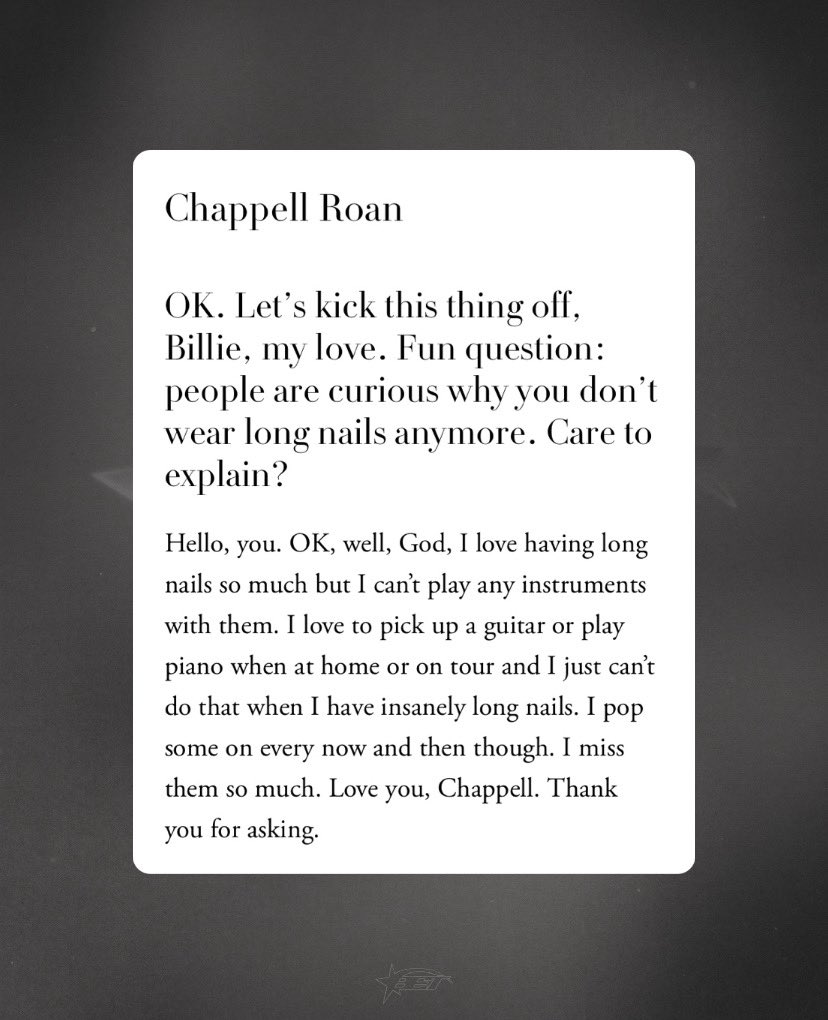 billieeilishtrs's tweet photo. Billie talks to @ChappellRoan about her love of long nails for @BritishVogue’s May 2025 issue! ⭐️ https://t.co/SCSQyiVhmU