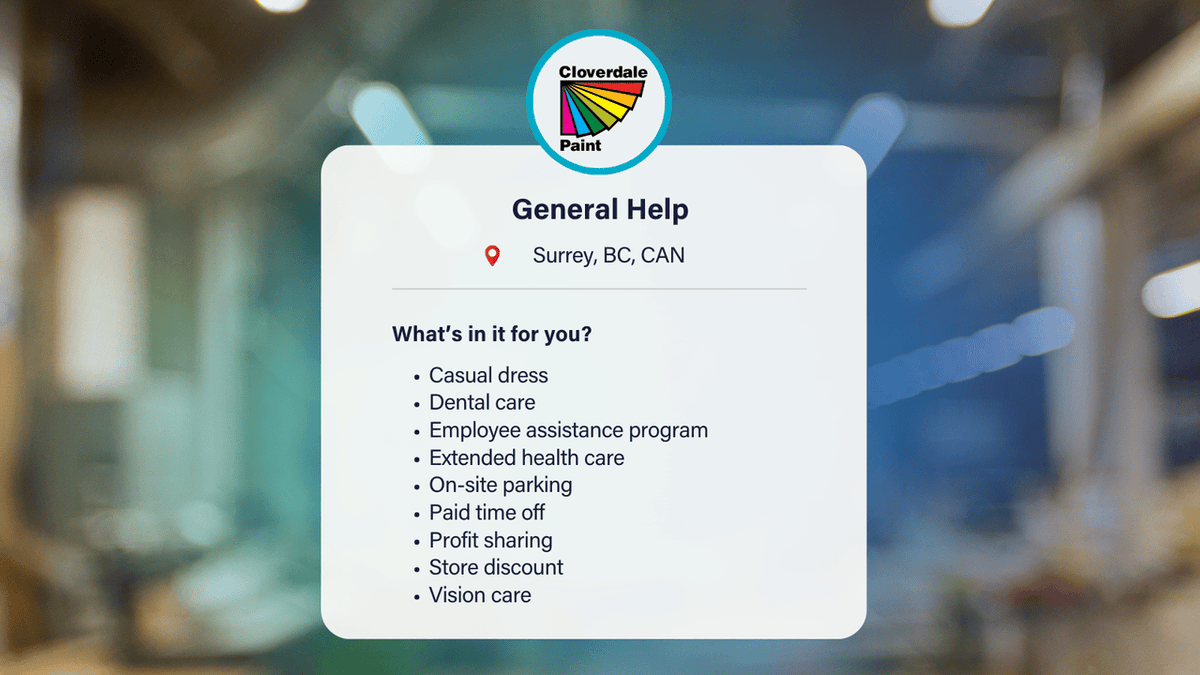 CareersInAgCA's tweet photo. Cloverdale Paint is hiring General Help in Surrey, BC! Apply now for competitive pay and excellent benefits: https://t.co/2th6uc1ey8 

#CloverdalePaint #GeneralHelp #CareersInAg
 @CloverdalePaint https://t.co/9pbUqShWRv