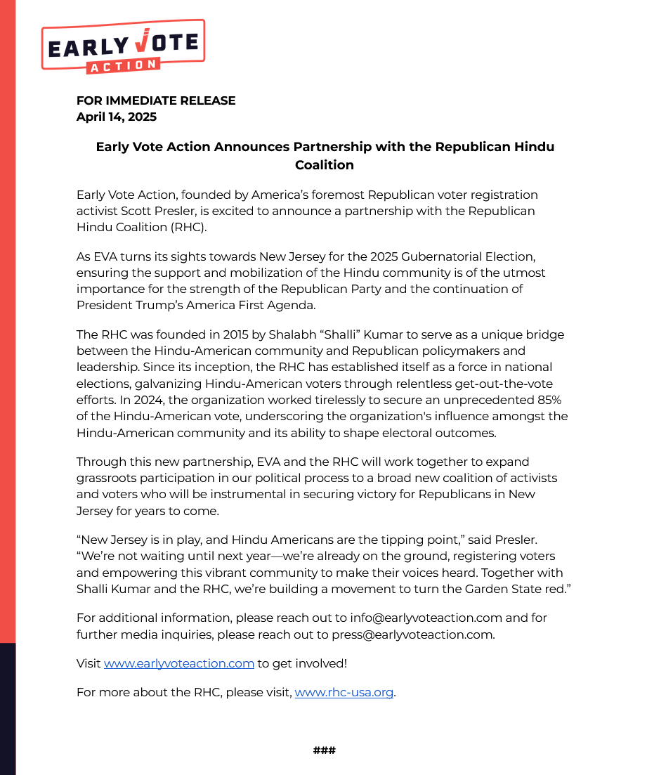 NEW: Early Vote Action Announces Partnership with the Republican Hindu Coalition.

"Together with <a href="/iamshalabhkumar/">Shalabh Shalli Kumar</a> and <a href="/RHC_USA/">RHC-USA</a>, we’re building a movement to turn the Garden State red."

🔵🔜🔴