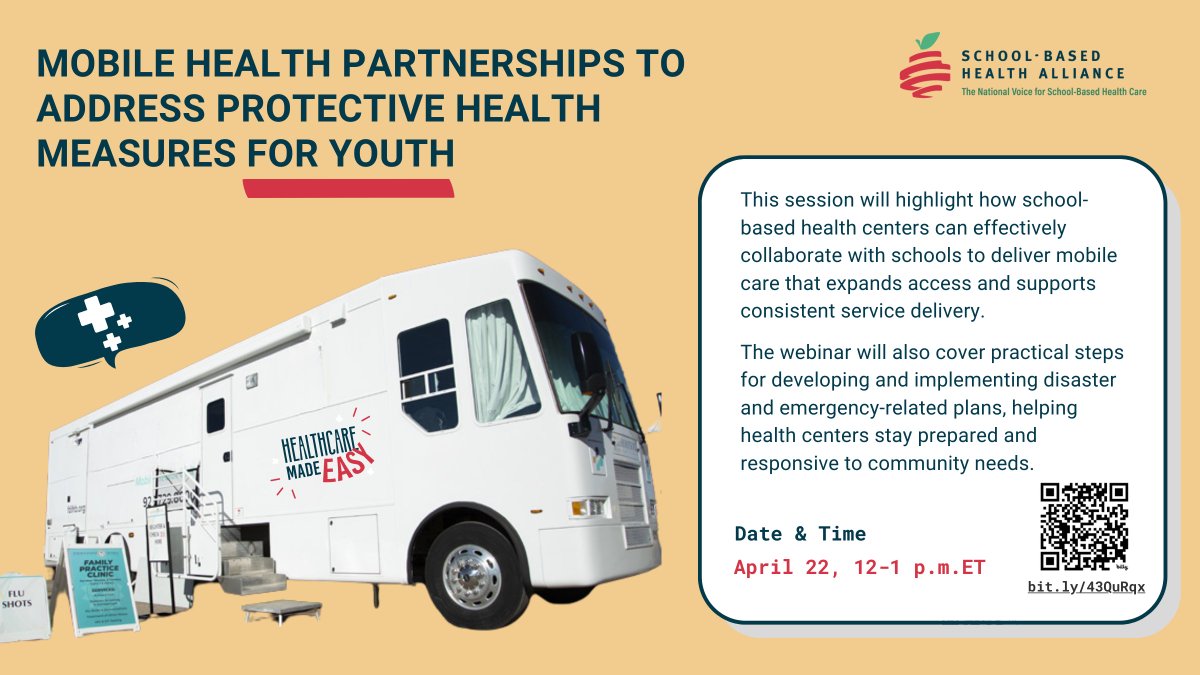 Save the date on April 22 from 12:00–1:00 p.m. ET for a webinar exploring the role of mobile health partnerships in advancing protective health measures for youth. Register 📌bit.ly/42KLv9S #mobilehealth #schoolbasedhealthcenter