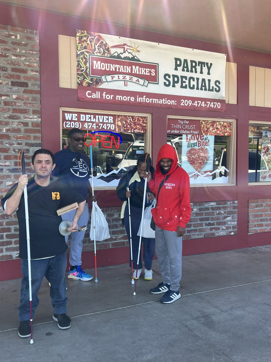 SJC Chapter NFB Members Joe and Andrea (Left) and Rahsaan (Right) with guest Josh in front of our home away from home, Mountain Mike’s Robinhood. Awesome chapter meeting Saturday! #Blind #stocktonca #SanJoaquinCounty #SJCNFB