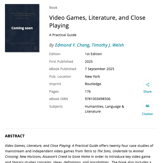 Edmond Chang (@edmondchang) on Twitter photo Timothy Welsh & my book has a publication date... #VideoGames, #Literature, and #ClosePlaying: A Practical Guide comes out later this year... taylorfrancis.com/books/mono/10.… can't wait to see the actual cover... #gamestudies #gamepedagogy #teachingwithgames .<a href="/routledgebooks/">Routledge Books</a> Timothy Welsh & my book has a publication date... #VideoGames, #Literature, and #ClosePlaying: A Practical Guide comes out later this year... taylorfrancis.com/books/mono/10.… can't wait to see the actual cover... #gamestudies #gamepedagogy #teachingwithgames .<a href="/routledgebooks/">Routledge Books</a>