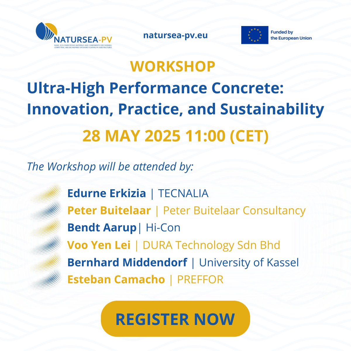 🌊 The #NATURSEAPV Workshop is coming!
💡 Ultra-High Performance Concrete: Innovation, Practice &amp; Sustainability
🗓️ 28 May | 🕚 11:00
🎤 Top experts on UHPC in offshore &amp; precast
🔗 Register now: natursea-pv.eu/natursea-pv-1s…
#UHPC #Sustainability #Offshore #Concrete #Renewables