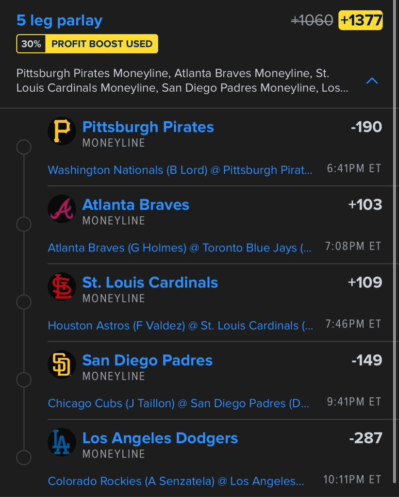 Bigbetsbrand123's tweet image. 5 Leg MLB ML Boost Parlay

Good Luck If Tailing🍀

#GamblingX #MLB #MrBigBets