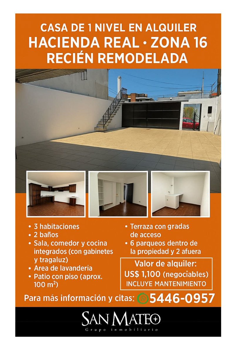 agodoy6901's tweet photo. 🏡 ¡CASA EN ALQUILER DE 1 NIVEL - HACIENDA REAL ZONA 16 - RECIÉN REMODELADA!

✔️ 3 habitaciones | 2 baños | Amplio patio y terraza | 6 parqueos

💰 Renta: US$1,100 (negociables, incluye mantenimiento)

📲 ¡Agenda tu visita hoy mismo! Llámanos o escríbenos al 5446-0957. https://t.co/wkI3F4fKu6