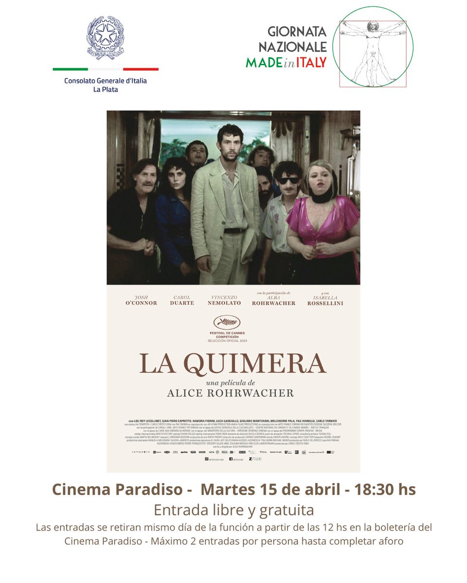 ItaliaenLaPlata's tweet photo. 🎥 🇮🇹 Celebriamo la 2° Edizione della giornata del MADE IN ITALY 
Proiezione del film LA CHIMERA – Entrata libera e gratuita

🎥 🇦🇷 Celebramos la 2ª edición del Día del MADE IN ITALY Proyección de la película LA QUIMERA - Entrada libre y gratuita https://t.co/TbDwBVgRW9