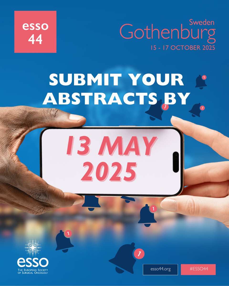 European Society of Surgical Oncology (ESSO) (@essonews) on Twitter photo 1⃣ month left to submit your abstracts!
📅 Submit your abstract by 13 May for a chance to present at #ESSO44 in Gothenburg 🇸🇪 and have your paper featured in <a href="/ejsotweets/">European Journal of Surgical Oncology</a>.
Don’t miss this opportunity!
🔗 More info at: esso44.org 1⃣ month left to submit your abstracts!
📅 Submit your abstract by 13 May for a chance to present at #ESSO44 in Gothenburg 🇸🇪 and have your paper featured in <a href="/ejsotweets/">European Journal of Surgical Oncology</a>.
Don’t miss this opportunity!
🔗 More info at: esso44.org