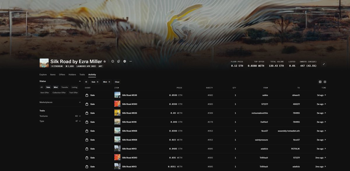 HydrateLabs's tweet image. You can now find Silk Road by Ezra Miller on @OpenSea 2.0 just by typing Silk Road
Search feature updated by OS team after requests from beta testers
Collection looking SLEEK
Hydrate Labs owns 40+ Silk Road NFTs from @ezzzrrra and 2 Solvency