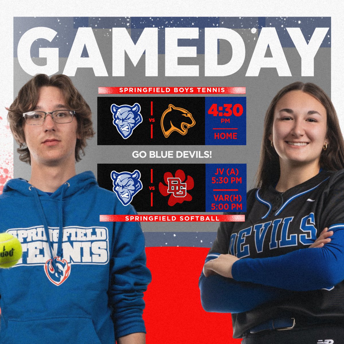 Today's Lineup: 

🎾 Boys Tennis v. Southview, HOME. 4:30 PM. 
 🥎 Softball v. BG. JV (A) @ 5:30 PM, VAR (H) @ 5:00 PM
