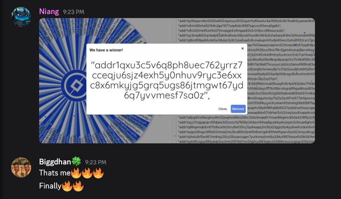 Polytasker (@polytasker) on Twitter photo Congrats our winners!
Special thanks to <a href="/OkoroDavidKosi/">His_deliciousness || Kdelicious.base.ethπ¦π₯π³π¦</a>'s (our winner) generosity to share 30 ADA from his prize to the next winner!
Share your discord lottery livestream experience below! Congrats our winners!
Special thanks to <a href="/OkoroDavidKosi/">His_deliciousness || Kdelicious.base.ethπ¦π₯π³π¦</a>'s (our winner) generosity to share 30 ADA from his prize to the next winner!
Share your discord lottery livestream experience below!