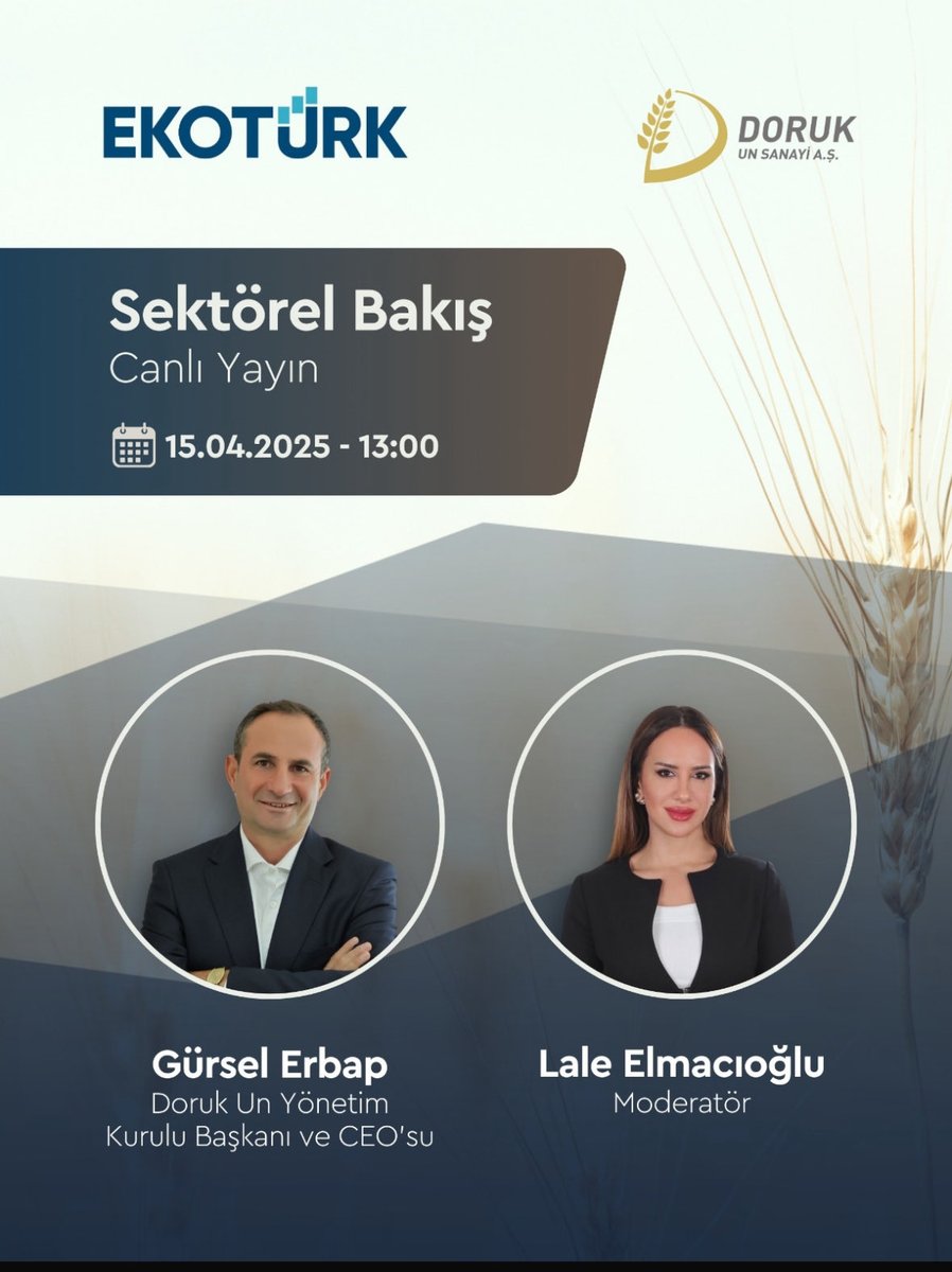 Doruk Un Yönetim Kurulu Başkanı ve CEO’su Gürsel Erbap, tahıl ve un sektörüne dair güncel gelişmeleri ve geleceğe dair öngörüleriyle, 15 Nisan (yarın) saat 13:00’te Ekotürk TV’de yayınlanacak Sektörel Bakış programının konuğu olacak. 🌾📊

#DorukUn #SektörelBakış