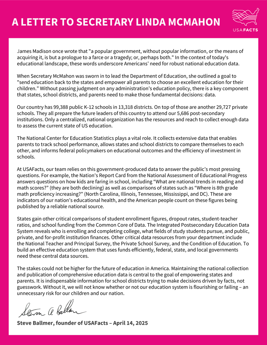Steve Ballmer (@steven_ballmer) on Twitter photo .@EdSecMcMahon, the future of US education is on the line. Without solid data, we can’t measure what’s working — or fix what’s not. Real efficiency is driven by facts, not guesswork. That’s why the critical work of the National Center for Education Statistics must continue. .@EdSecMcMahon, the future of US education is on the line. Without solid data, we can’t measure what’s working — or fix what’s not. Real efficiency is driven by facts, not guesswork. That’s why the critical work of the National Center for Education Statistics must continue.