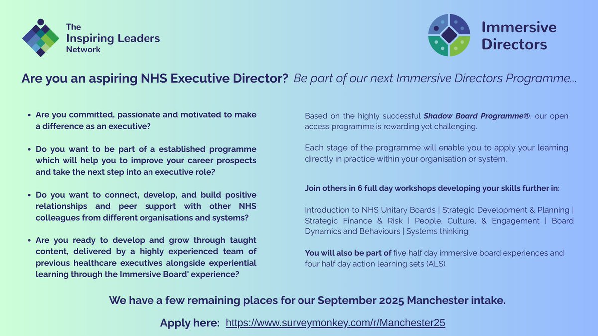 Are you an aspiring NHS Executive Director? 

Immersive Director Programme 

“I encourage anyone to consider investing in this programme if you are an aspiring executive leader, it’s a master piece of a programme design &amp; I would highly recommend it”

surveymonkey.com/r/Manchester25