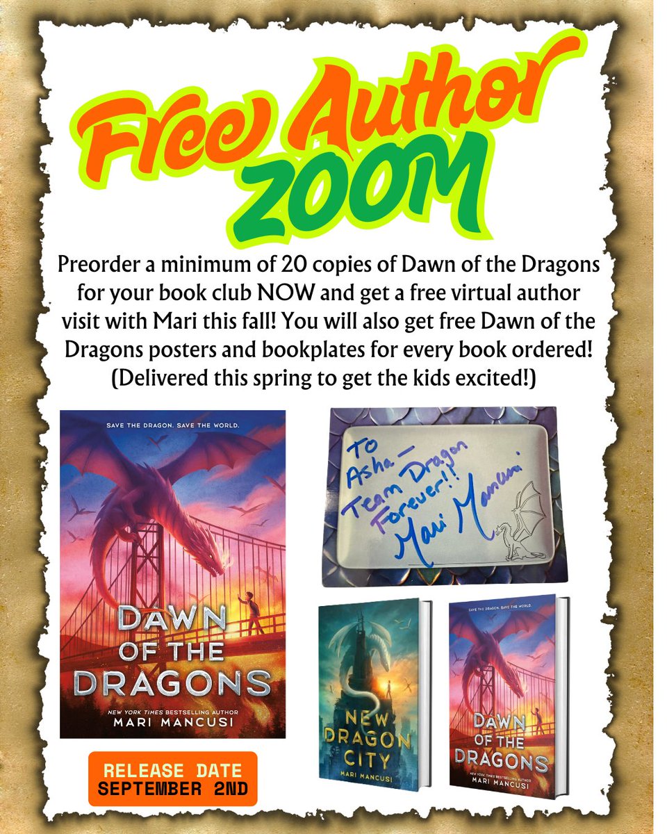 Educators! Preorder Dawn of the Dragons for your book clubs now and get a free author zoom this fall! Plus free goodies for the kids! It's the prequel to New Dragon City which won the Florida Sunshine State Award and was  on the Texas Bluebonnet list this year. Paperback ok!
