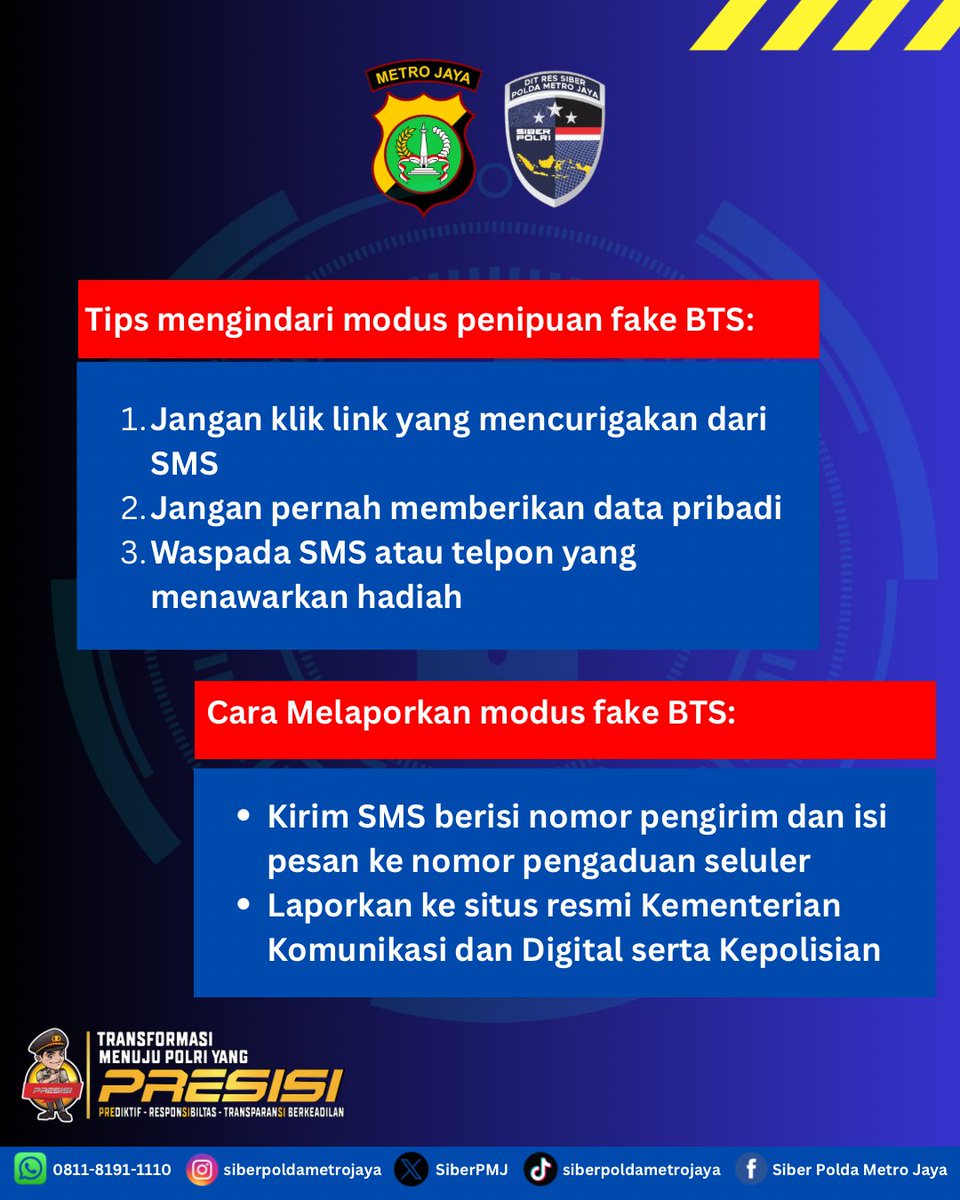 WASPADA PENIPUAN FAKE BTS!** 🚨  

Jangan sampai jadi korban modus penipuan terbaru! Fake BTS bisa mengirim SMS palsu seolah-olah dari bank atau operator resmi, meminta data pribadi atau OTP. 💸❌