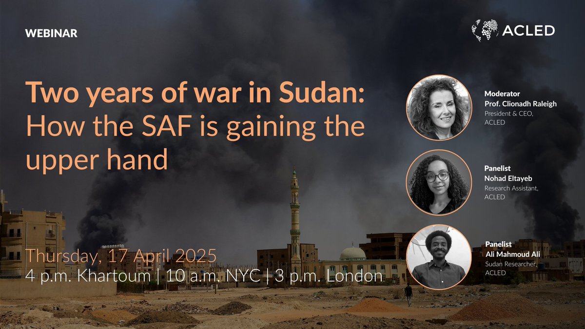 📣 Webinar this week | How is the SAF gaining the upper hand in Sudan?

Nearly two years into the war, the SAF regained full control of Khartoum after the RSF’s ‘strategic’ withdrawal.

Join #ACLED to examine the impact of this new phase of war. Register: us02web.zoom.us/webinar/regist…