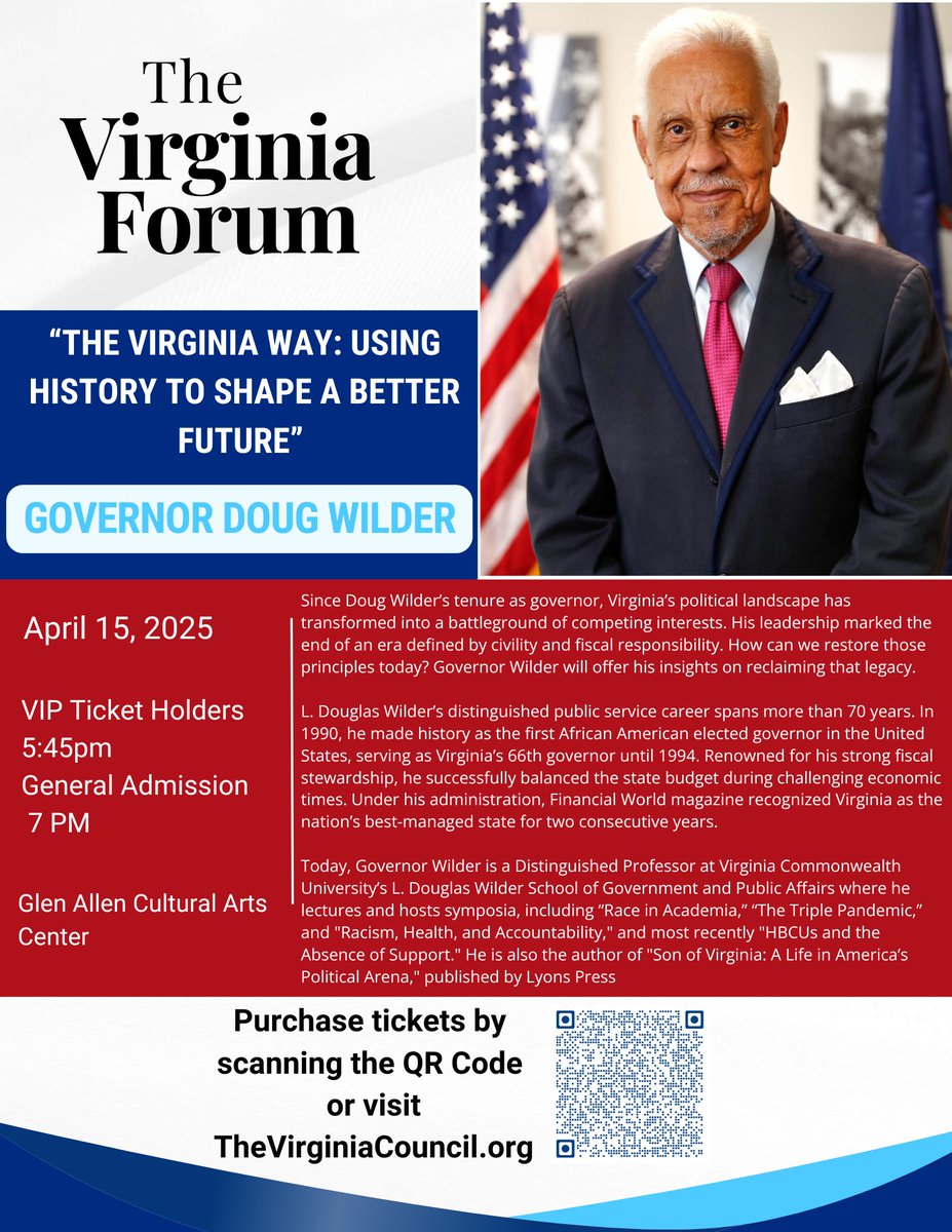 L. Douglas Wilder (@governorwilder) on Twitter photo Join me on Tue. Apr. 15 for "The Virginia Way: Using History to Shape a Better Future" <a href="/VA_Council/">The Virginia Council</a>
wildervisions.com/2025/04/14/the… Join me on Tue. Apr. 15 for "The Virginia Way: Using History to Shape a Better Future" <a href="/VA_Council/">The Virginia Council</a>
wildervisions.com/2025/04/14/the…
