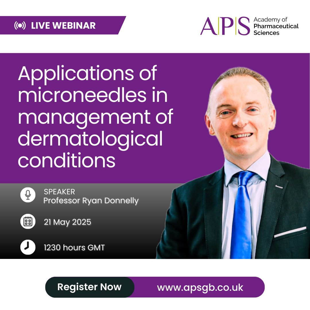 We are thrilled that Professor Ryan Donnelly will be presenting a LIVE WEBINAR on "Applications of Microneedles in Management of Dermatological Conditions".  APS Members can attend for FREE, just get your PROMO CODE from the Members Hub. Find out more at apsgb.co.uk/event/webinar-…