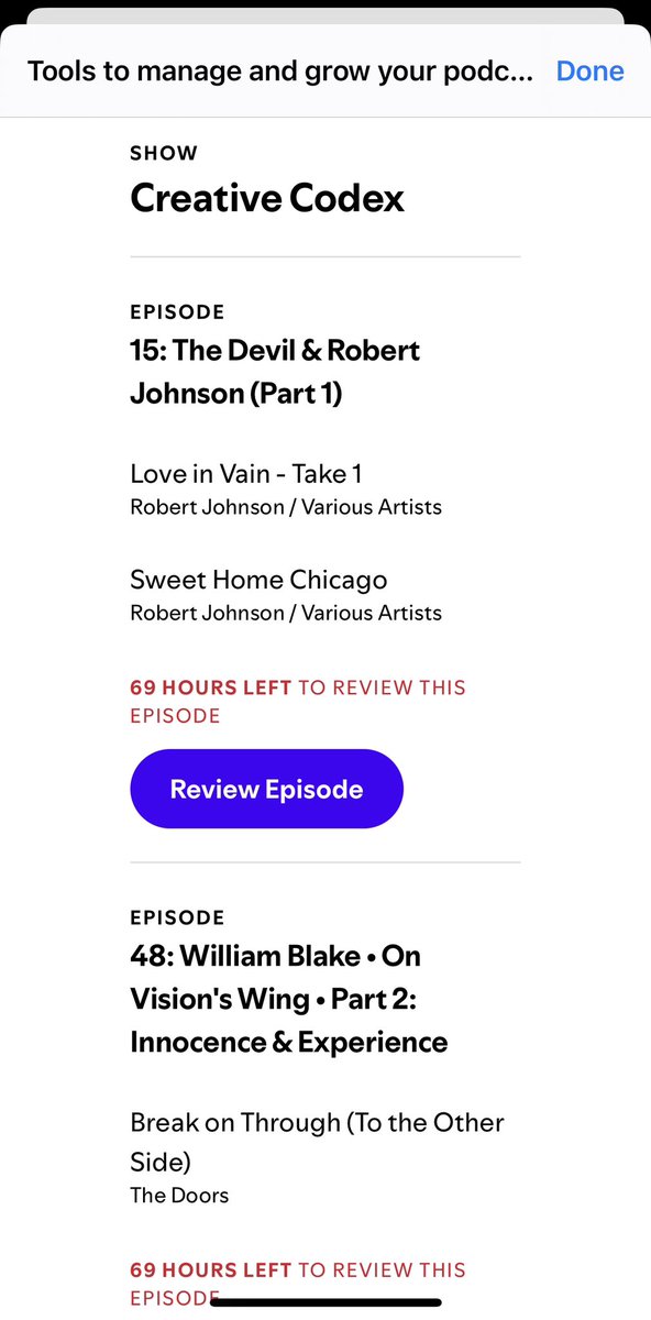 Whelp, Spotify is finally scanning podcasts for copyrighted music. I knew this day would come eventually, luckily most of Creative Codex is my own original music. But it does mean my Robert Johnson series had to come down. 🎸😕 Listen to it while you can: open.spotify.com/episode/7xjaOS…
