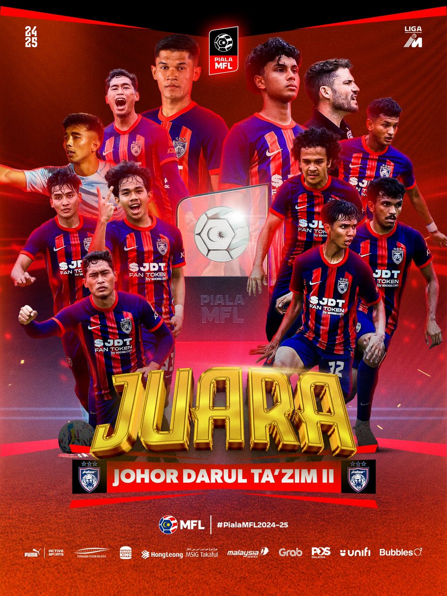 JUARA PIALA MFL 2024-2025 
 
🏆 JOHOR DARUL TA'ZIM II 🏆

JDT II telah mengumpul 53 mata daripada 24 perlawanan sekaligus bergelar juara Piala MFL 2024-2025. 

Tahniah Harimau Selatan, Johor Darul Ta'zim II 

#PialaMFL2024-25 #DemiLigaKita #LigaMalaysia