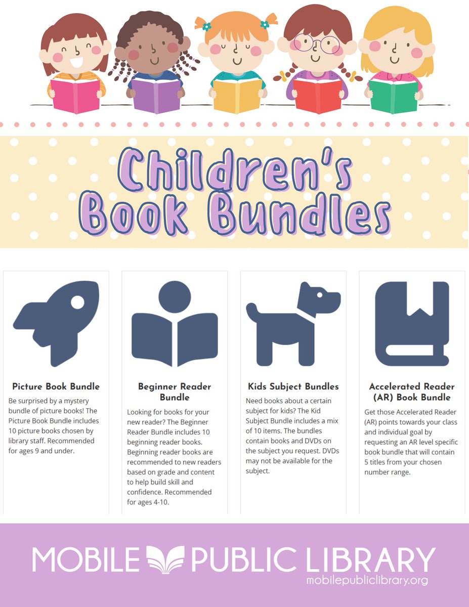 Reach those reading goals! ✨ Book Bundles from the Mobile Public Library include picture book bundles, beginner reader bundles, kids subject bundles, and even accelerated reader (AR) book bundles!
📚 Request yours: bit.ly/mplkidbookbund…
#EarlyLiteracy #MobileAL