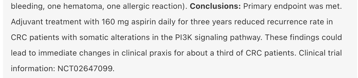 mtmdphd's tweet photo. Low-dose aspirin to reduce recurrence rate in colorectal cancer Pts w/ PI3K pathway alterations: 3-yr results from a RCT [Jan 27, 2025] @Annamartling et al. ALASCCA Trial Study Group @ASCO #GI25 LBA125 
https://t.co/jj2ELLInKq #crcsm PI3K #caprev #PrecisionMedicine #NCT02647099 https://t.co/FdAm7EhnoS