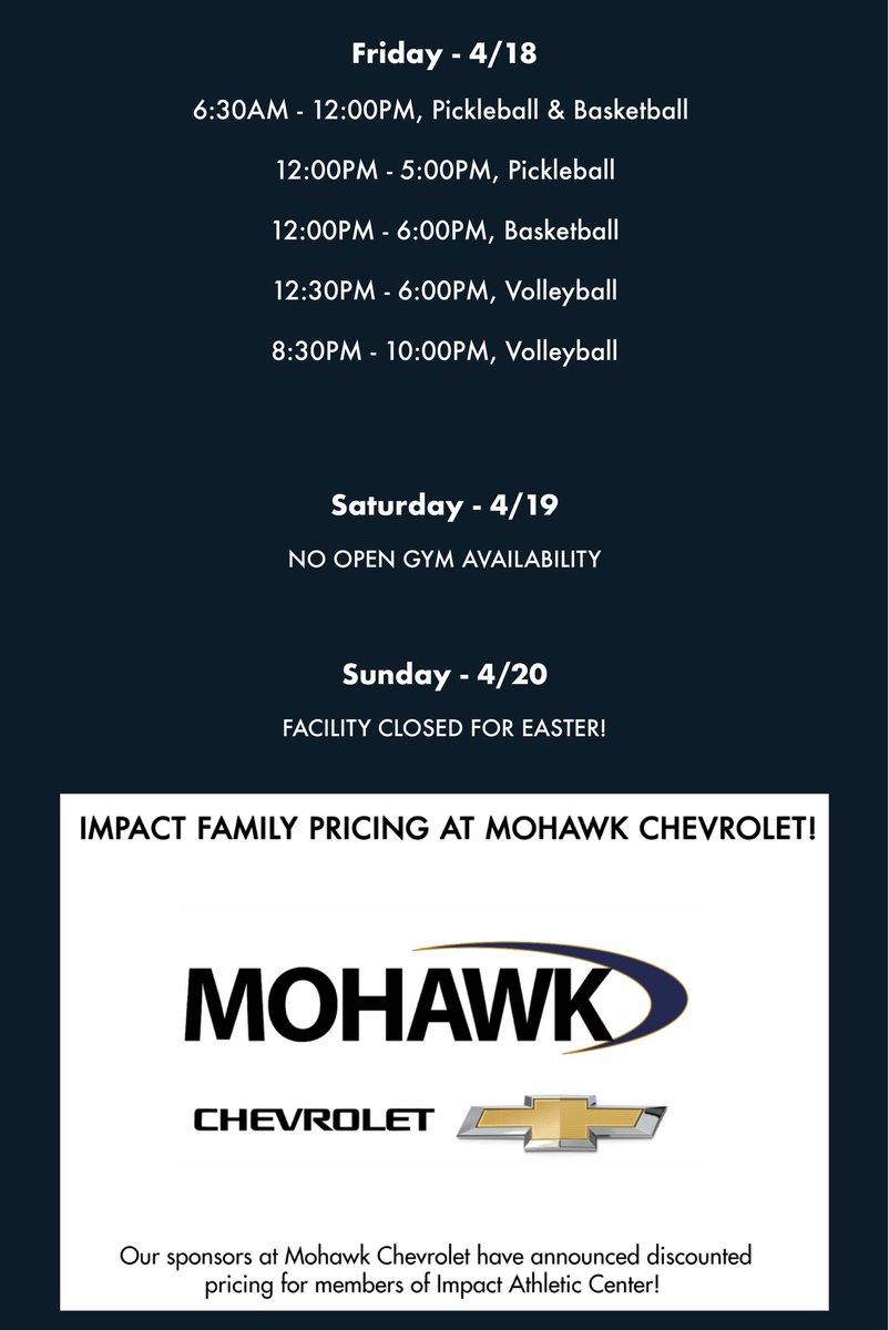 Good Morning, Impact Friends!🌤️
Here’s this week’s Open Gym Schedule (4/14–4/20)! 

A special thank you to our sponsor, Mohawk Chevrolet, for making this possible!🙌🏼

#Impact #Halfmoon #OpenGym #NewWeek #Available #Athletes #Monday #Morning