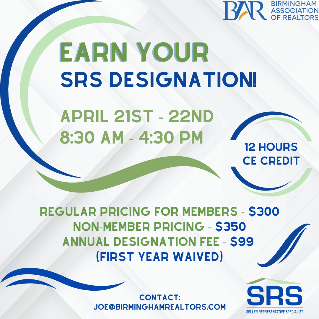 BhamREALTORS's tweet photo. Our SRS Designation Course is next week! 

Learn about working with sellers in this in-depth, two-day course at the BAR Offices from April 21st through April 22nd.

Don't miss out! Register today!

https://t.co/CoBeyCG23f https://t.co/xz1vn4A7Zz